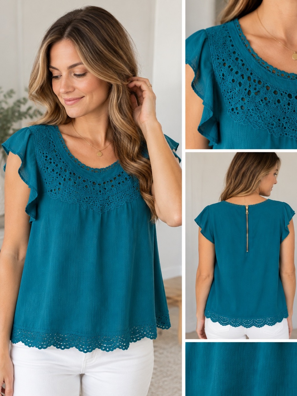 Teal Xhilaration Lace Detail Flutter Sleeve Blouse